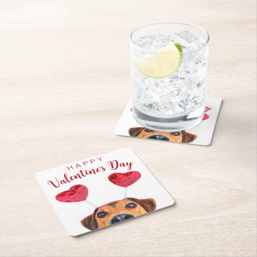 かわいいバレンタインデーの犬のおもしろいハートヘッドバンド スクエアペーパーコースター (インサイチュ)