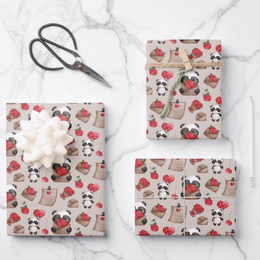 かわいいバレンタインデーパンダのクマの愛のパターン ラッピングペーパーシート (正面)