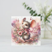 かわいいバレンタインデー水彩マウスピンクの花 シーズンカード (スタンド正面)