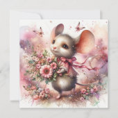 かわいいバレンタインデー水彩マウスピンクの花 シーズンカード (正面)