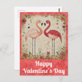 かわいいバレンタインデー水彩色ピンクフラミンゴ ポストカード (正面/裏面)