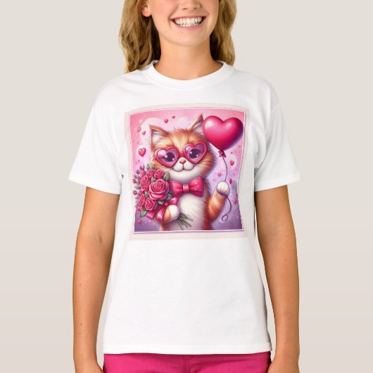 かわいいバレンタインデー猫/子猫 Tシャツ (正面)