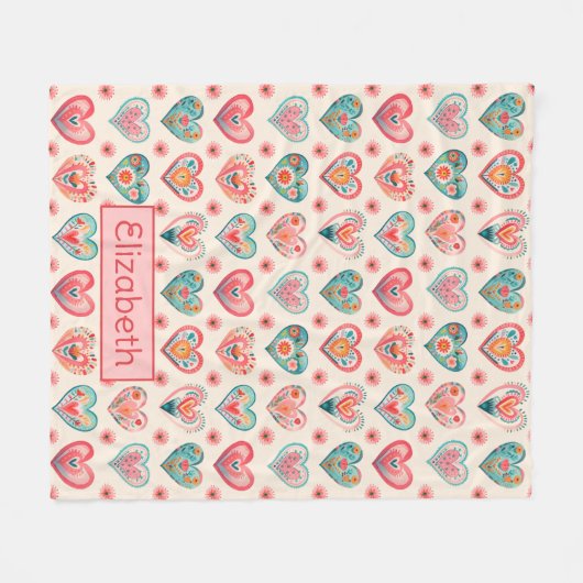 かわいいバレンタインハートパターン フリースブランケット (正面(横))