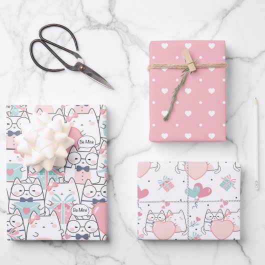 かわいいバレンタインハートラブキャッツパターン ラッピングペーパーシート (正面)