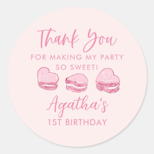 かわいいバレンタインピンクハート誕生日パーティーのお願い ラウンドシール (正面)