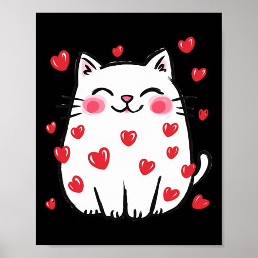 かわいいバレンタイン 猫 赤いハート 猫好き 白い子猫 ポスター (正面)