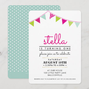 かわいいバンティング第1誕生日パーティー招待状ピンクミント 招待状