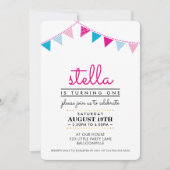 かわいいバンティング1st誕生日パーティー招待状ピンクブルー 招待状 (正面)
