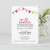 かわいいバンティング 1歳の誕生日パーティー招待状 ピンク ミント 招待状 (スタンド正面)