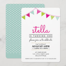 かわいいバンティング 1歳の誕生日パーティー招待状 ピンク ミント 招待状