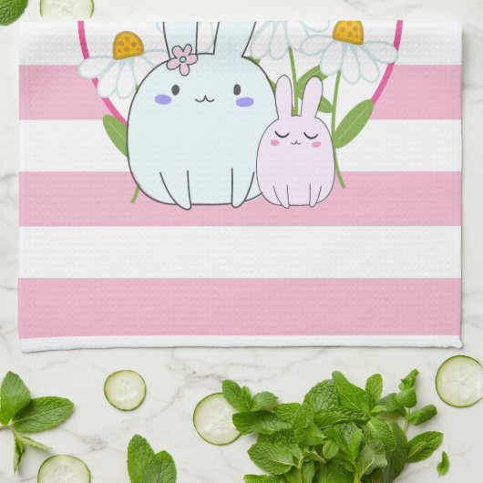 かわいいバンニーと春デイジーと蝶 キッチンタオル (折り畳み)