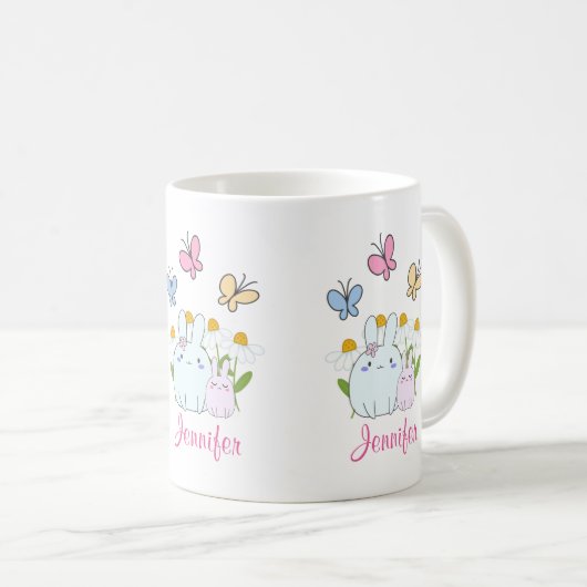 かわいいバンニーと春デイジーと蝶 コーヒーマグカップ (正面右)