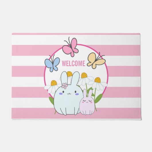 かわいいバンニーと春デイジーと蝶 ドアマット (正面)