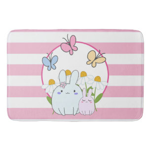 かわいいバンニーと春デイジーと蝶 バスマット