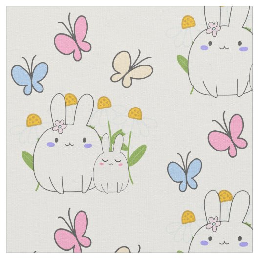 かわいいバンニーと春デイジーと蝶 ファブリック (クローズアップ)