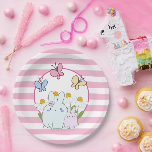 かわいいバンニーと春デイジーと蝶 ペーパープレート (パーティー)