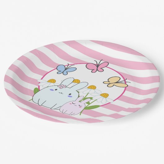 かわいいバンニーと春デイジーと蝶 ペーパープレート (アングル)