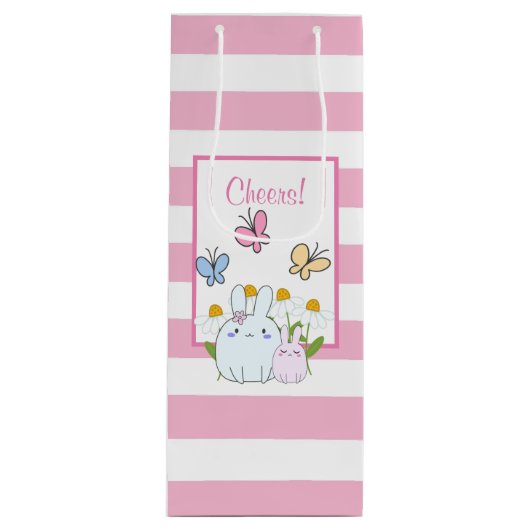 かわいいバンニーと春デイジーと蝶 ワインギフトバッグ (正面)