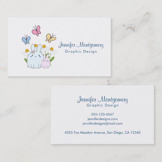 かわいいバンニーと春デイジーと蝶 名刺 (正面/裏面)