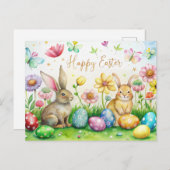 かわいいバンニー、花と卵を持つイースターカード シーズンポストカード (正面/裏面)