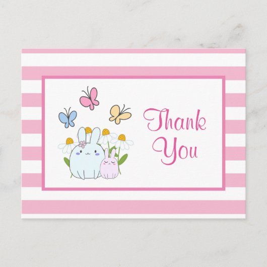 かわいいバンニー、蝶と花のパーティー感謝してい ポストカード (正面)