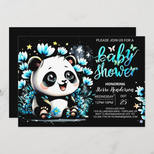 かわいいバンブーパンダの冒険ボーイベビーシャワー 招待状 (正面/裏面)