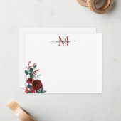 かわいいバーガンディレッドのローズクリスマスフラワーモノグラム ノートカード (正面/裏面インサイチュ)