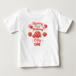 かわいいバースデーガール　いちごの1歳の誕生日 ベビーTシャツ