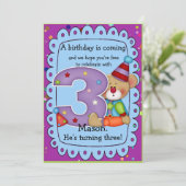 かわいいバースデーベア招待状年齢3 招待状 (スタンド正面)