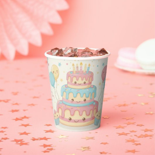 かわいいバースデー - 可愛いケーキとカップケーキ 紙コップ (インサイチュ)