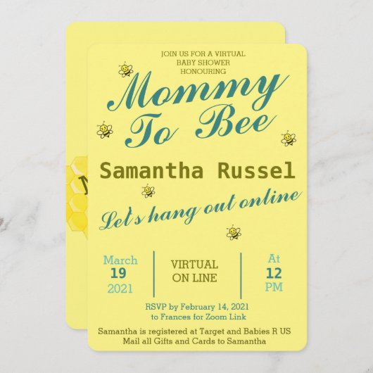 かわいいバーチャルベイビーシャワーをするママ 招待状 (正面/裏面)