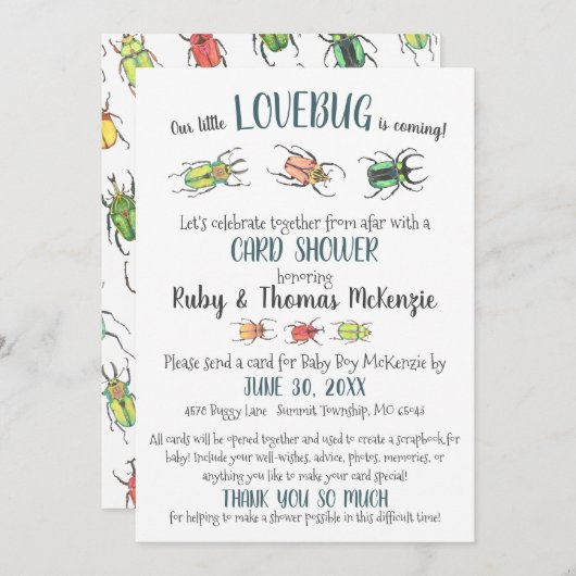 かわいいバーチャルベビーカードシャワーラブバグカブトムシ 招待状 (正面/裏面)