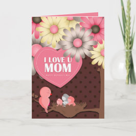 かわいいバーディピンクイエローブラウンフローラ母の日 カード