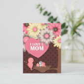 かわいいバーディピンクイエローブラウンフローラ母の日 シーズンポストカード (スタンド正面)