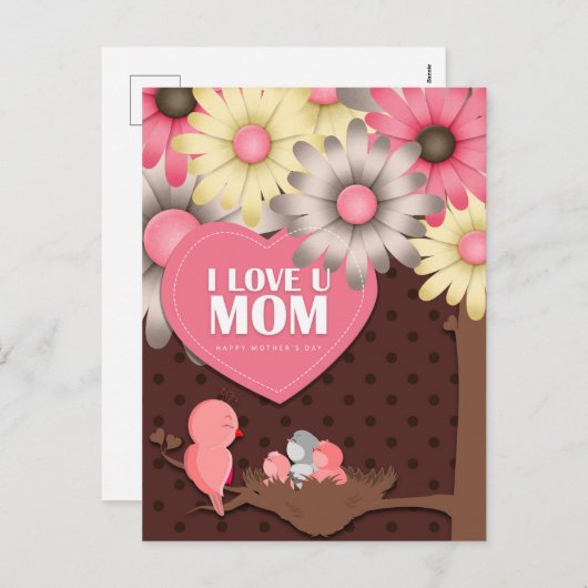 かわいいバーディピンクイエローブラウンフローラ母の日 シーズンポストカード (正面/裏面)
