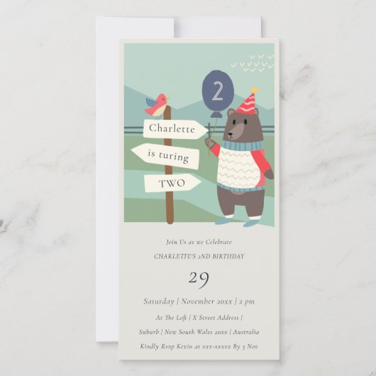 かわいいバーディベアマイルストーンエイジ誕生日招待状 サンキューカード (正面)