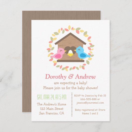 かわいいバードハウ葉スリースバードベビーシャワー 招待状 (正面/裏面)