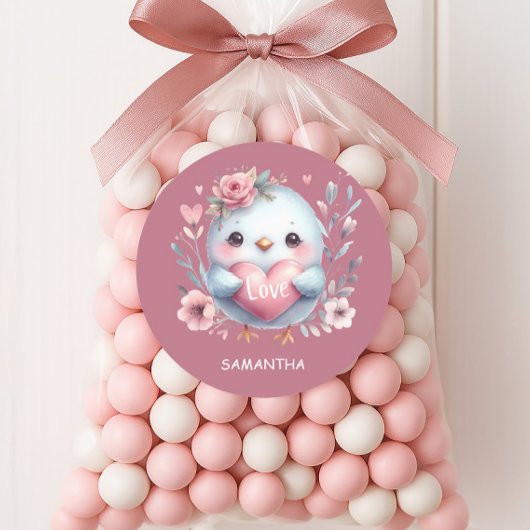 かわいいバードピンクハートラブハッピーバレンタインデー ラウンドシール