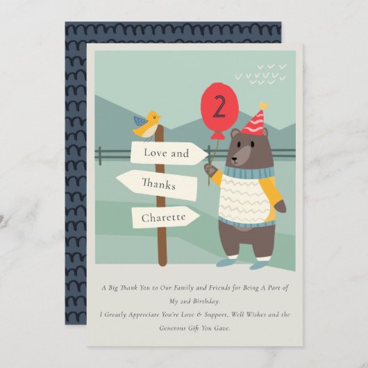 かわいいバードベアーマイルストーンマウンテンエイジ誕生日 サンキューカード (正面/裏面)