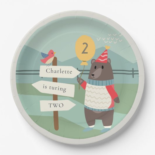 かわいいバードベアーマイルストーンマウンテンエイジ誕生日 ペーパープレート (正面)