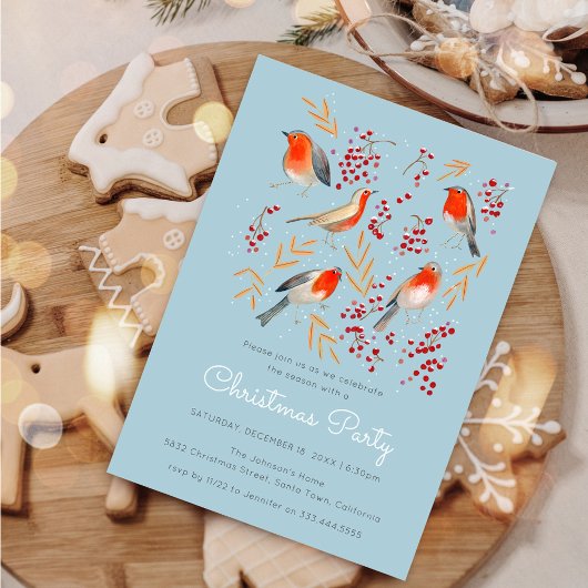 かわいいバードレッドロビンブルークリスマスファミリーパーティー 招待状