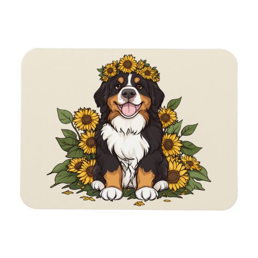 かわいいバーニーズマウンテンドッグのひまわりの花冠 マグネット (横)
