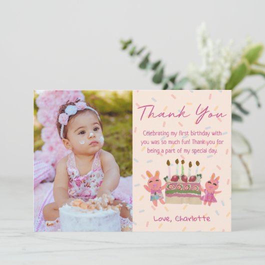 かわいいバーベリー スイートバニー | ピンクの誕生日写真 サンキューカード (スタンド正面)