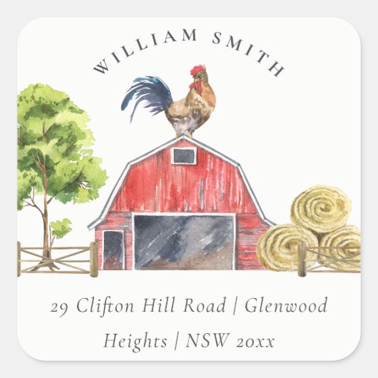 かわいいバーンロースターファームの水の色のキッズアドレス スクエアシール (正面)