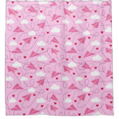 かわいいバ飛んでいるンタイン飛行機赤ピンクハート シャワーカーテン (正面)