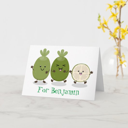 かわいいパイナップルグアバフェヨア漫画イラストレーション カード (黄色い花)