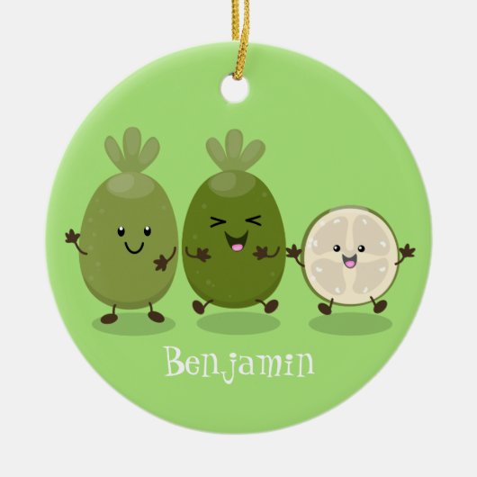 かわいいパイナップルグアバフェヨア漫画イラストレーション セラミックオーナメント (正面)