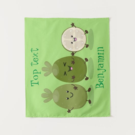 かわいいパイナップルグアバフェヨア漫画イラストレーション タペストリー (正面)