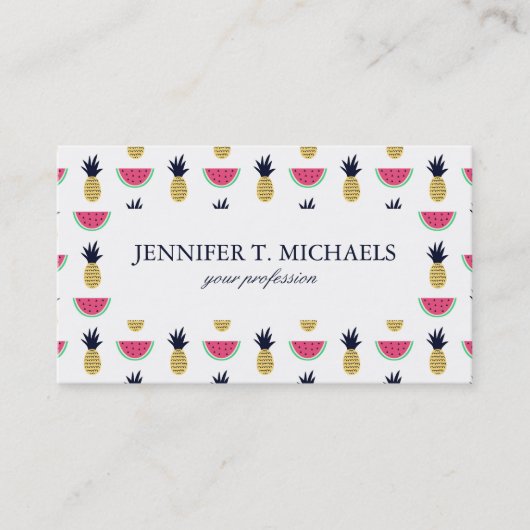 かわいいパイナップル及びスイカの落書きパターン 名刺 (正面)