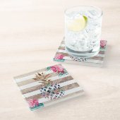 かわいいパイナップル金ゴールドストライプのデザイン ガラスコースター (アングル)